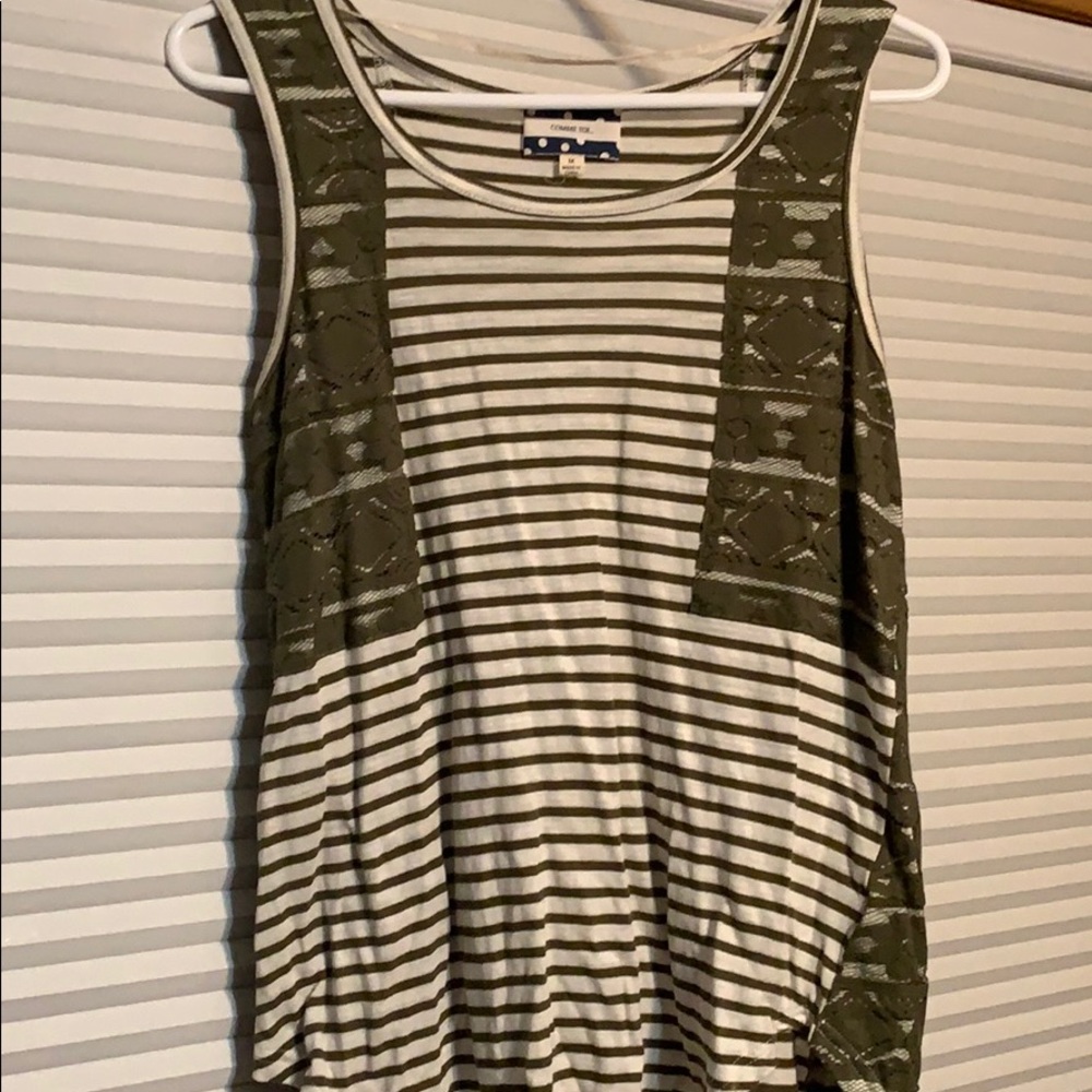Green and cream stripe tank with lace detail